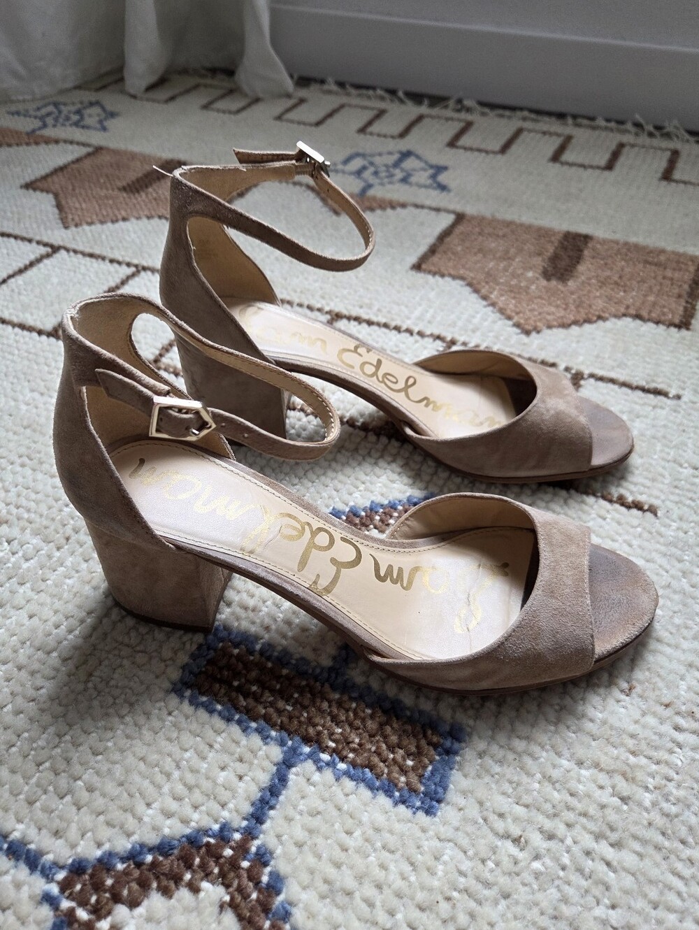 Sam Edelman Beige Susie Suede Ankle-Strap Block Heel Sandals, Size 10